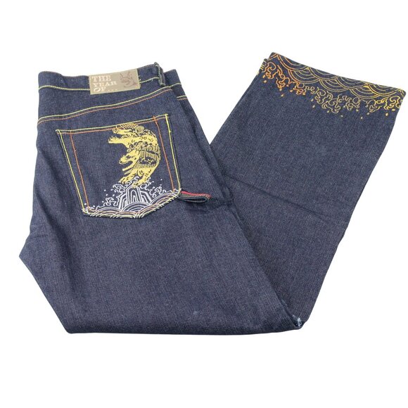 The Year Of Jeans Mens Sz 34 Raw Denim Japan Selvedge Button Fly Embroidered - Picture 2 of 16